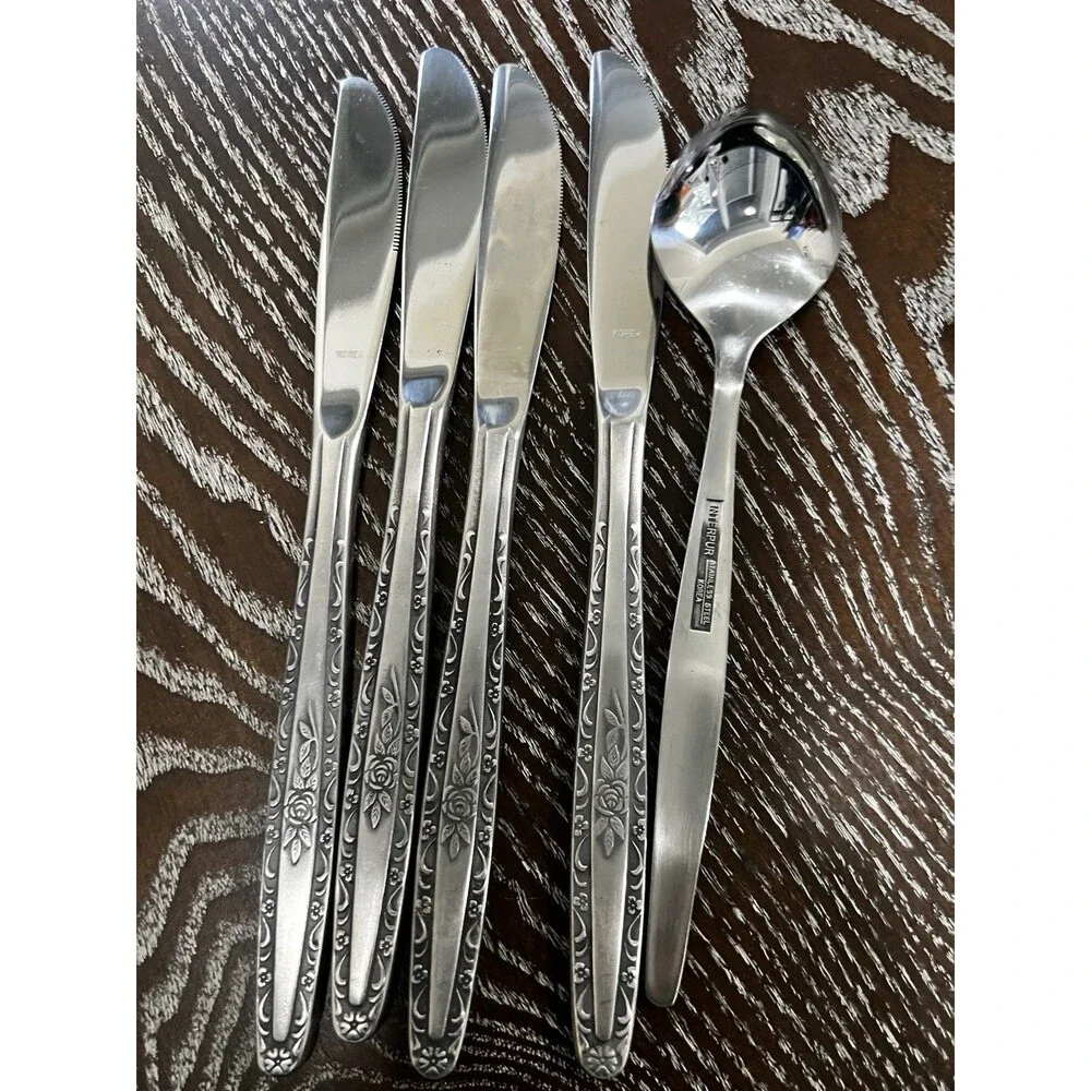 12 Interpur INR3 Cottage Rose Stainless Steel spoons Knives Flatware Korea